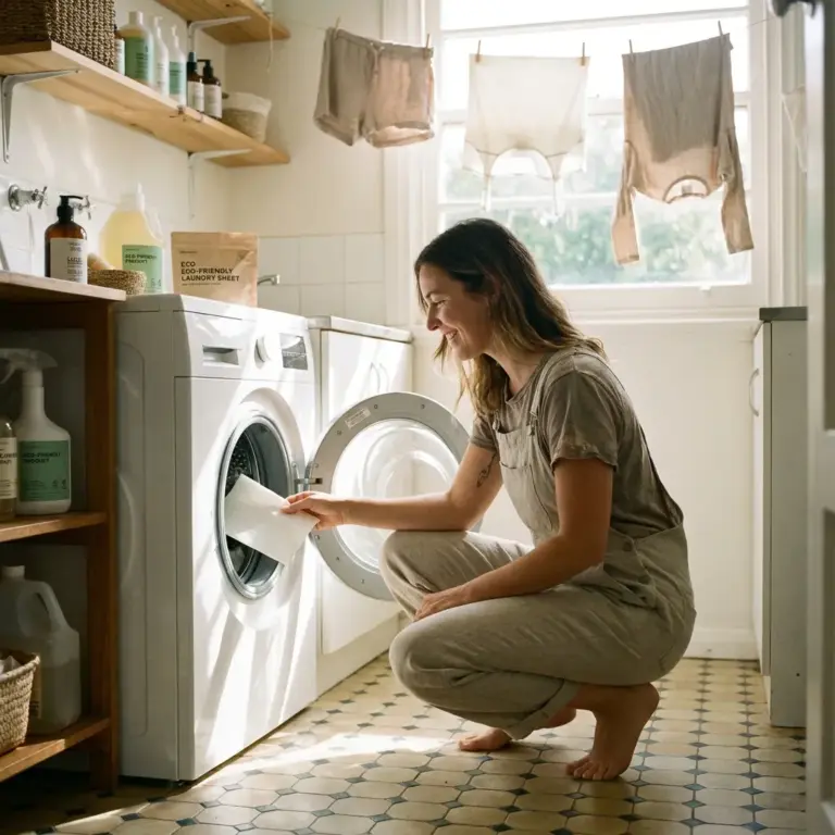 Femme qui utiliser de la lessive en feuille dans sa machine à laver