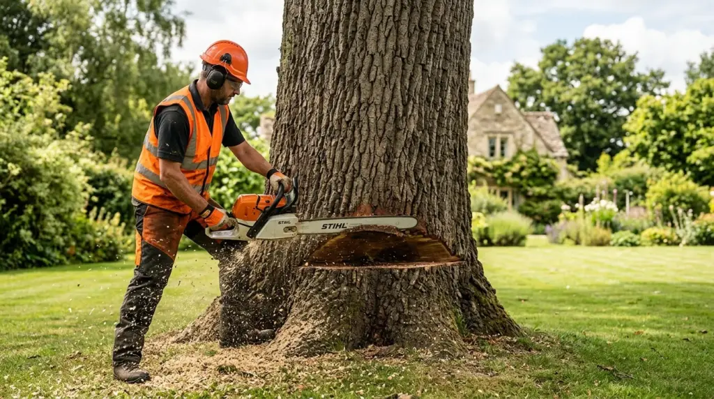 Professionnel en train de préparer l'abattage d'un arbre à l'aide d'une tronconneuse