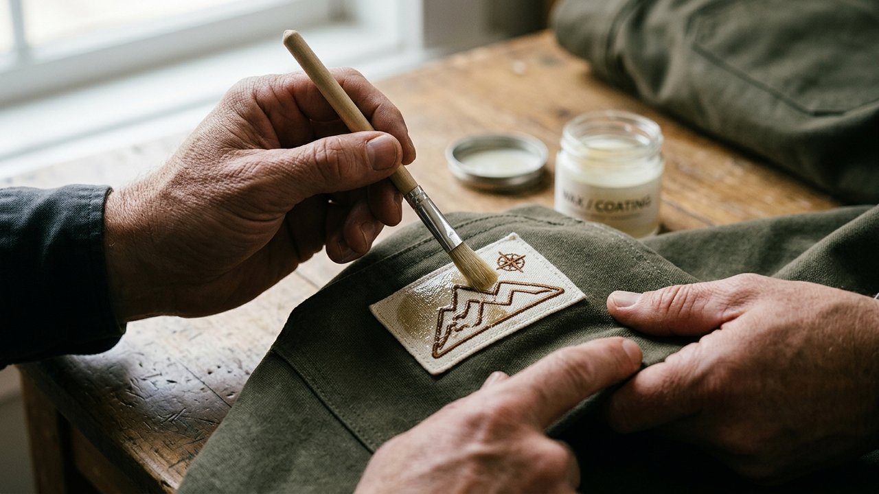 Application d'une protection sur le logo d'un vêtement au pinceau