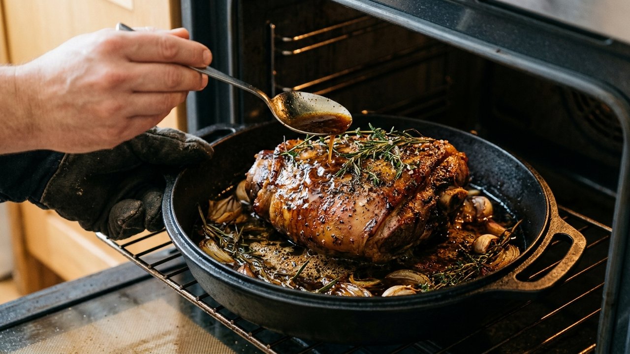 Arrosage du cuissot de sanglier pendant la cuisson au four