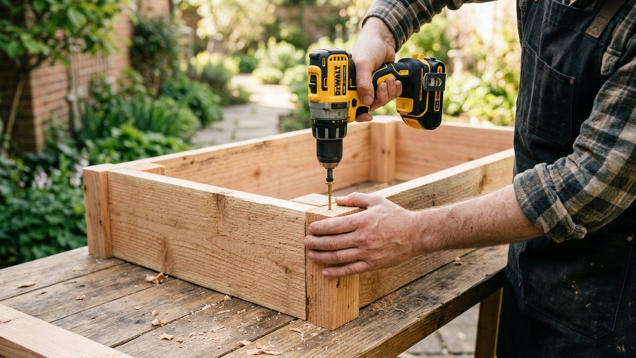 Assemblage des planches d'une jardinière en bois avec visseuse