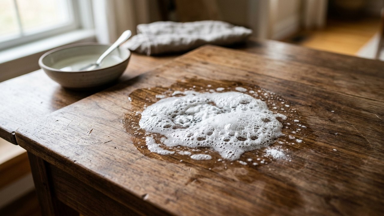 Nettoyage naturel d'un meuble ciré avec bicarbonate et vinaigre blanc