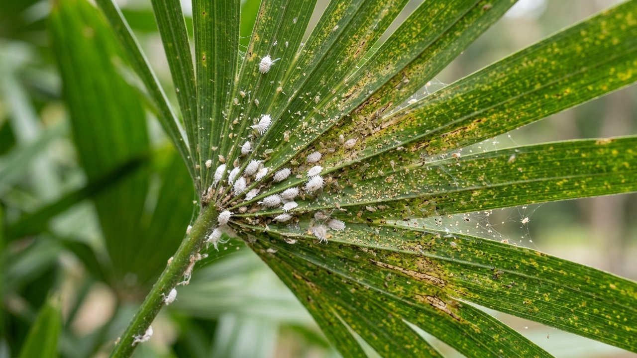 Parasites sur feuille de palmier : cochenilles et araignées rouges