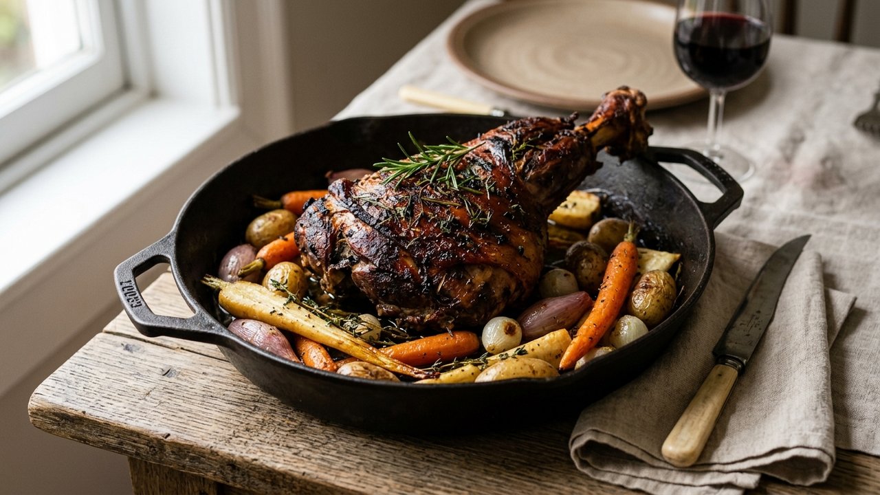 Cuissot de sanglier rôti au four avec légumes de marinade