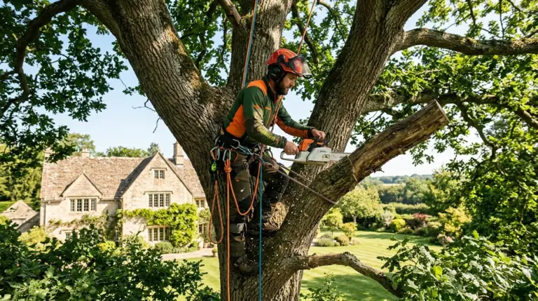 Élagueur en action en haut d'un arbre