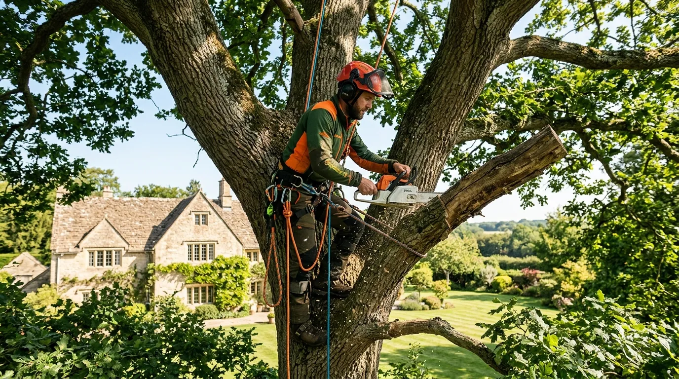 Élagueur en action en haut d'un arbre