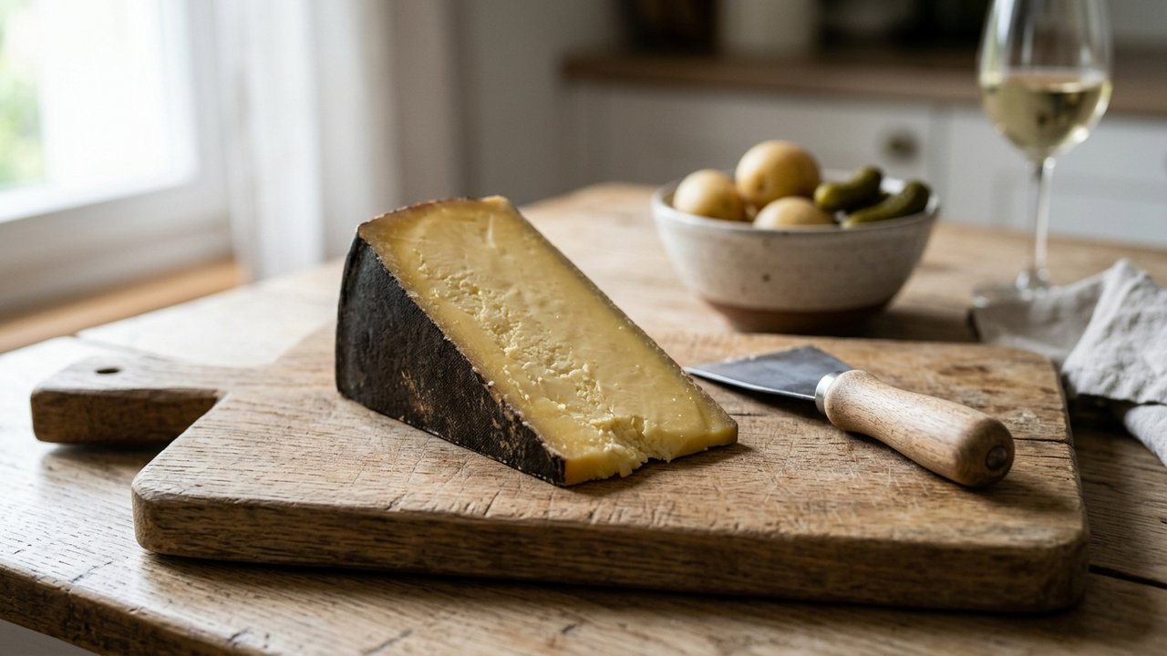 Fromage à raclette avec racloir sur planche en bois