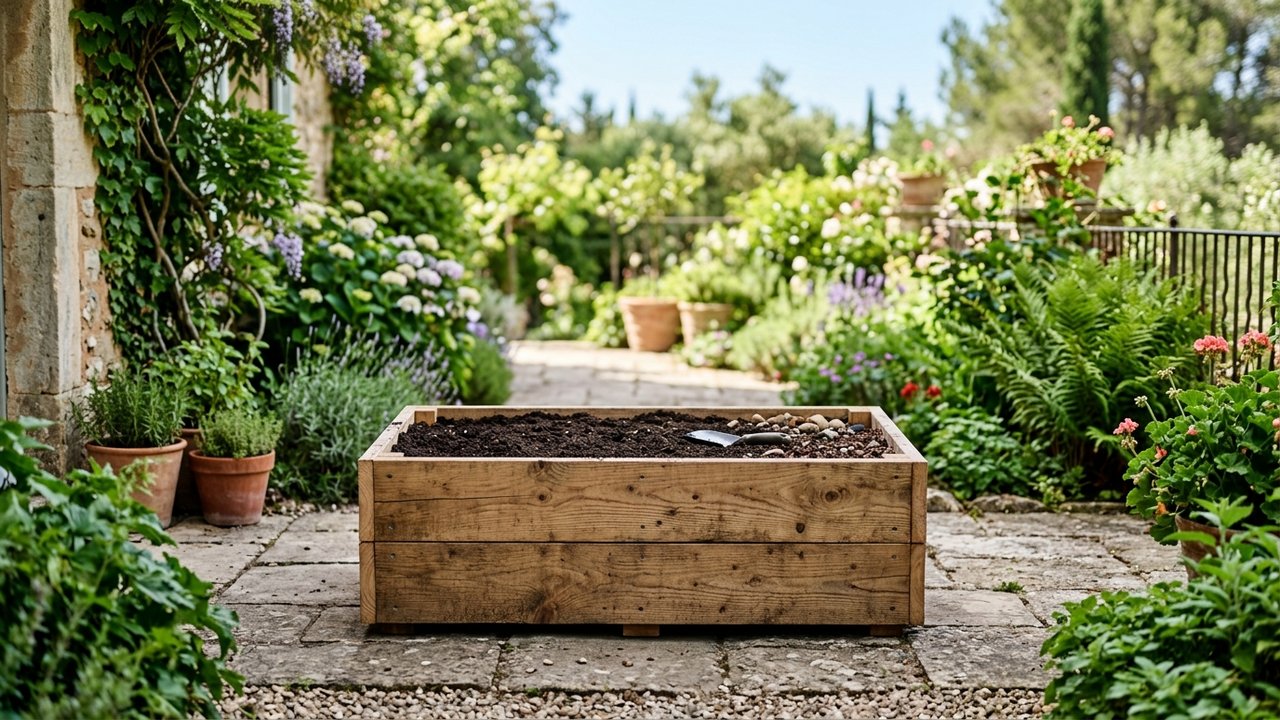 Jardinière en bois assemblée sur une terrasse de jardin