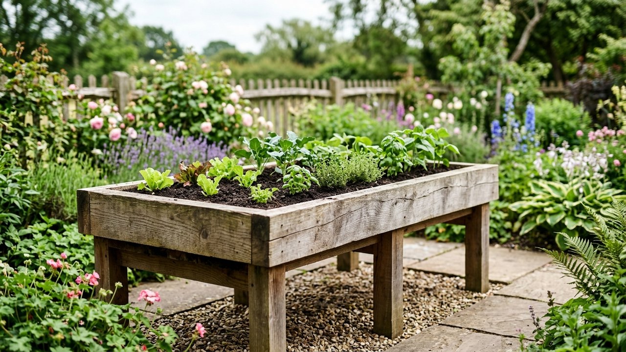 Jardinière surélevée en bois remplie de terreau dans un jardin