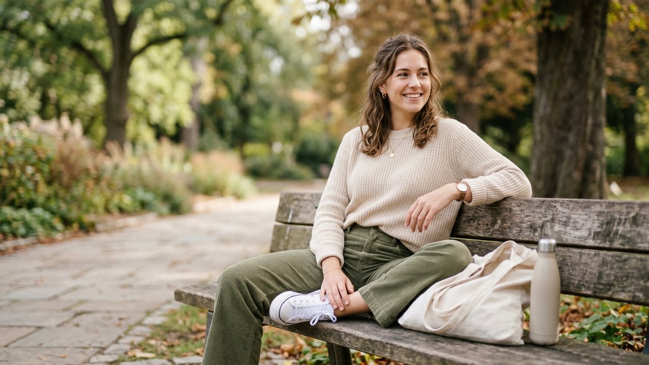 Look casual avec pantalon velours côtelé, pull beige et sneakers blanches