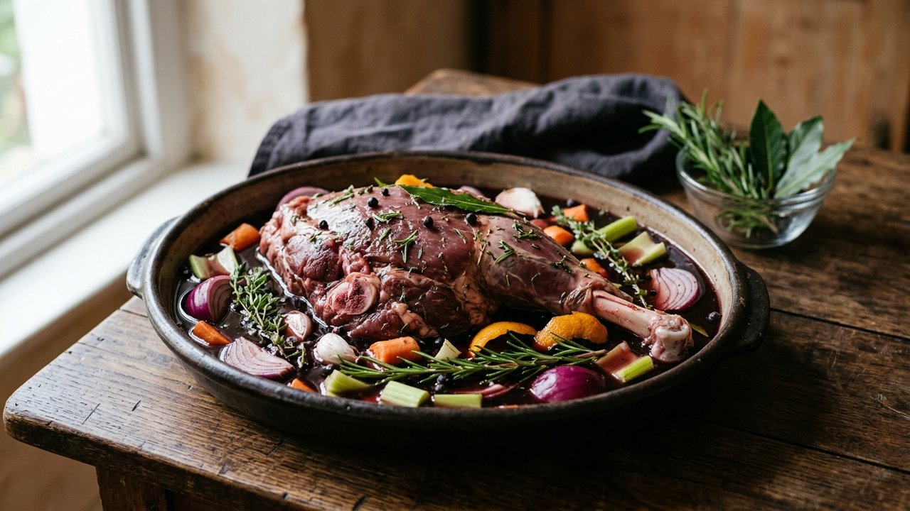 Cuissot de sanglier en marinade au vin rouge avec aromates