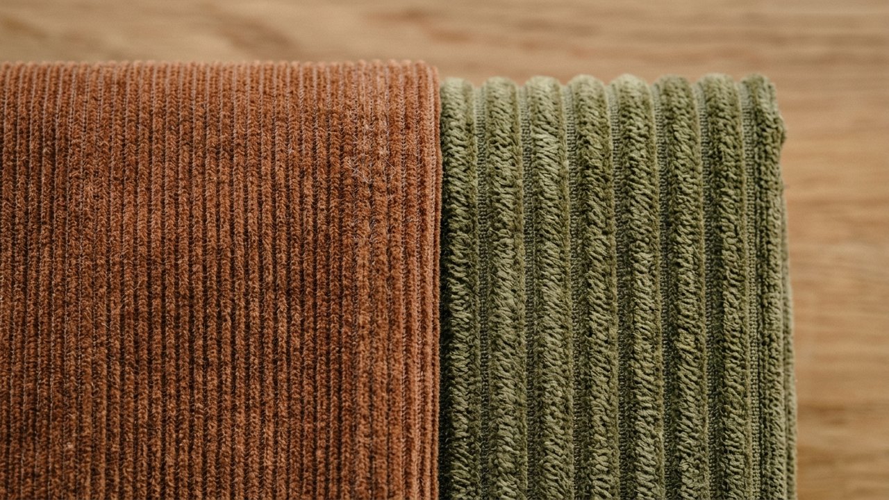 Détail de la texture du velours côtelé avec ses côtes fines et larges