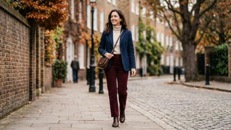 Femme portant un pantalon velours côtelé bordeaux avec blazer et bottines cuir