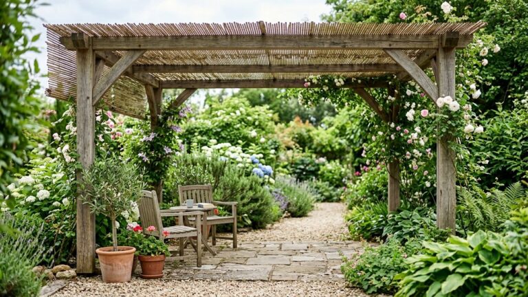 Pergola en bois couverte de canisse bambou dans un jardin
