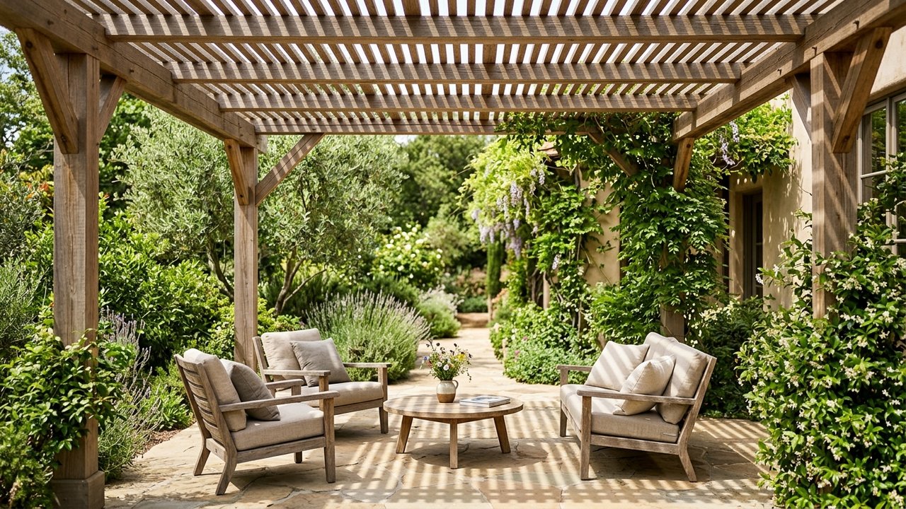 Pergola en bois avec lattes horizontales filtrant la lumière