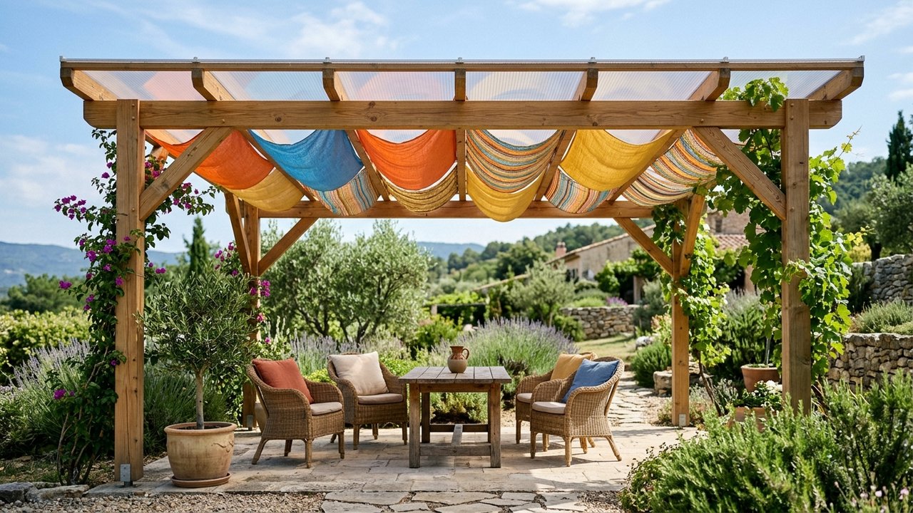 Pergola couverte de polycarbonate et toile de protection solaire
