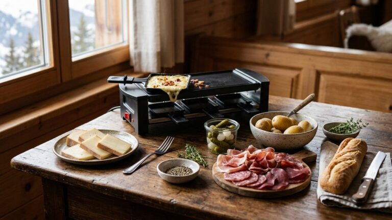 Table de raclette avec pommes de terre et fromage fondu