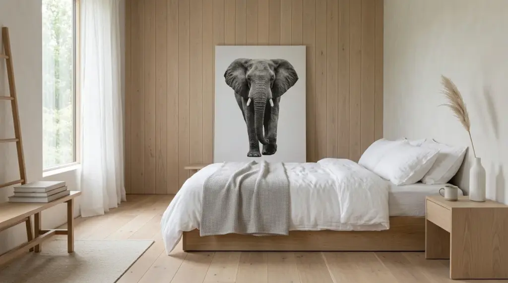 Chambre minimaliste avec un tableau d'éléphant