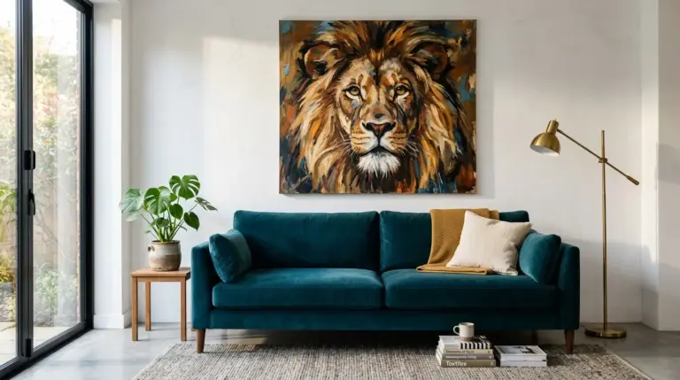 Tableau représentant un lion intégré dans une déco moderne