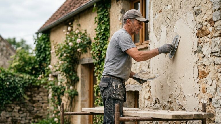 Application d'un enduit sur une façade avec une truelle