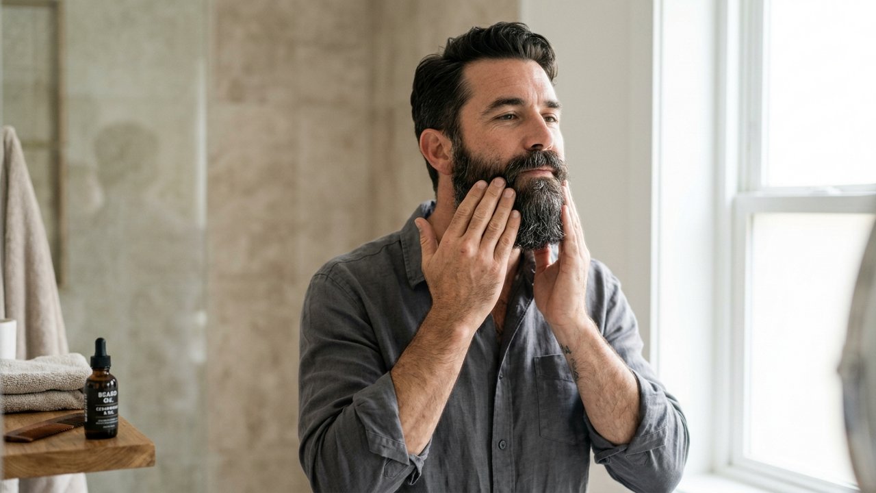 Application d'huile de ricin sur une barbe en massage