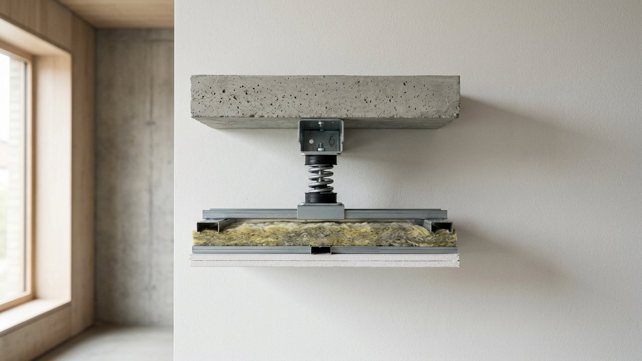 Coupe technique d'un plafond acoustique montrant le système masse-ressort-masse