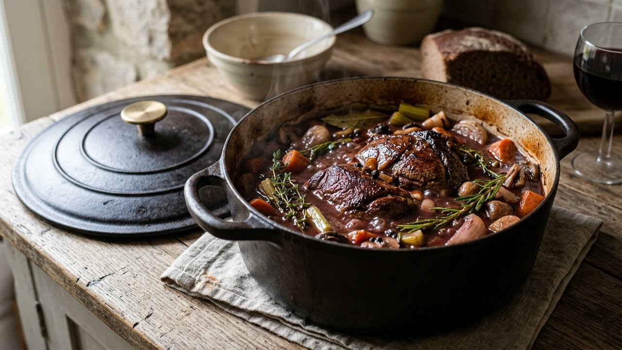 Épaule de chevreuil braisée en cocotte avec légumes et vin