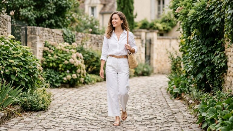 Femme portant un pantalon blanc avec blouse et accessoires assortis