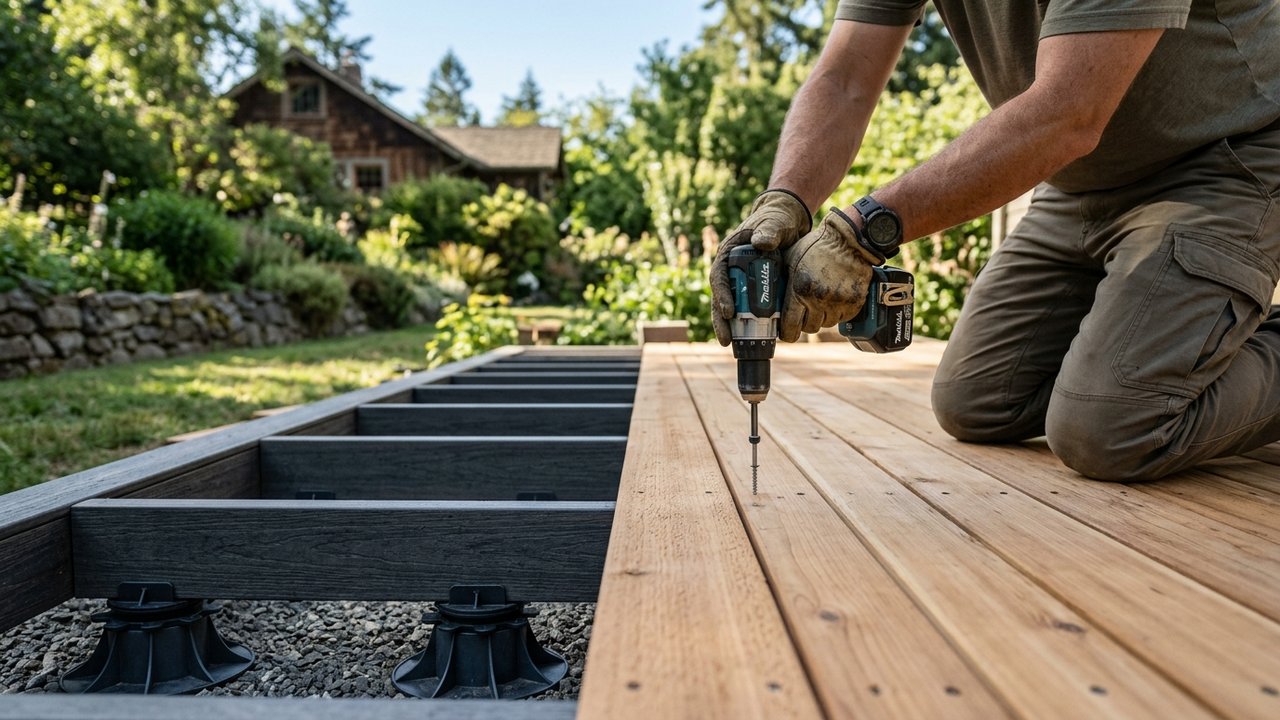 Pose de lames de bois fixées sur lambourdes avec plots réglables