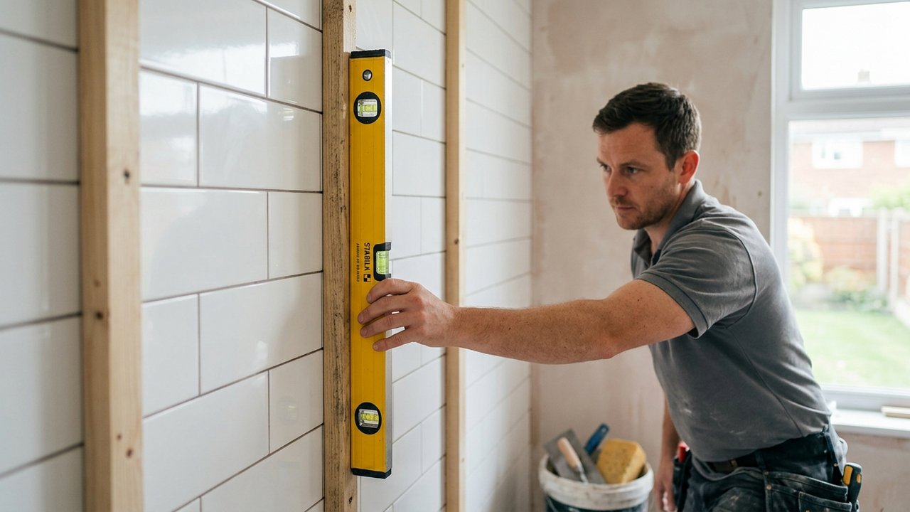 Vérification de l'alignement des lattes guides pour le carrelage de douche