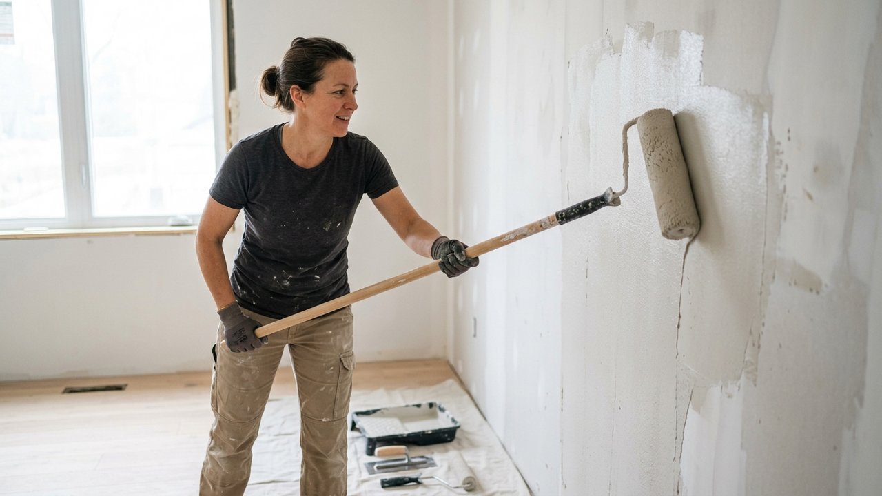 Lissage d'un enduit intérieur au rouleau sur mur