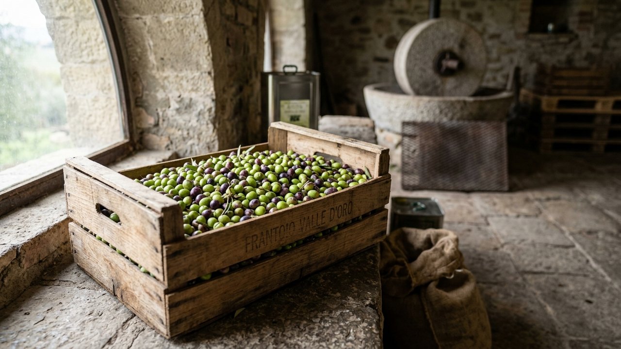 Olives fraîches en crate prêtes pour la transformation en huile