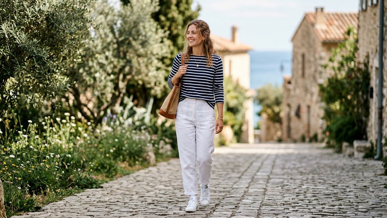 Tenue décontractée : pantalon blanc, rayures et baskets blanches