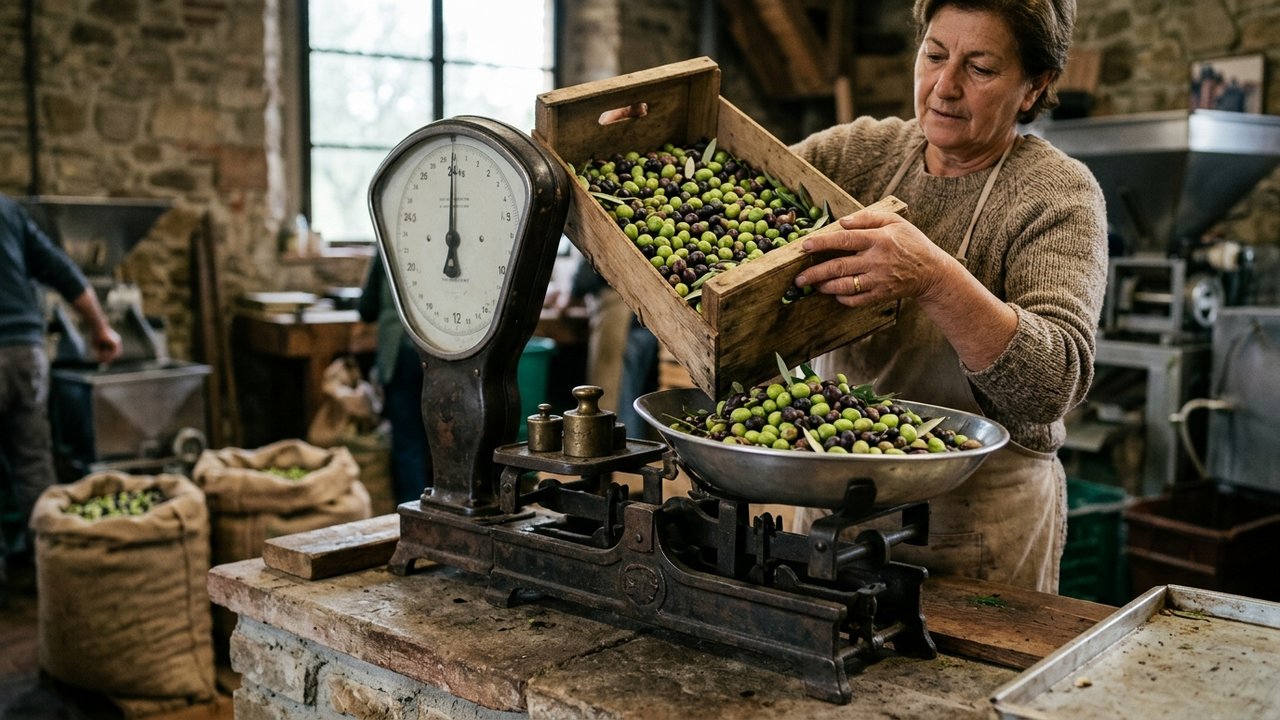 Pesée des olives au moulin pour calculer le rendement en huile