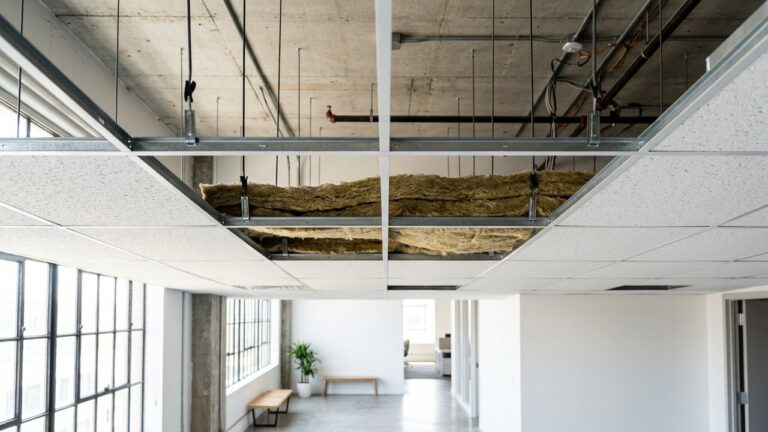 Plafond acoustique suspendu montrant l'ossature métallique et l'isolant