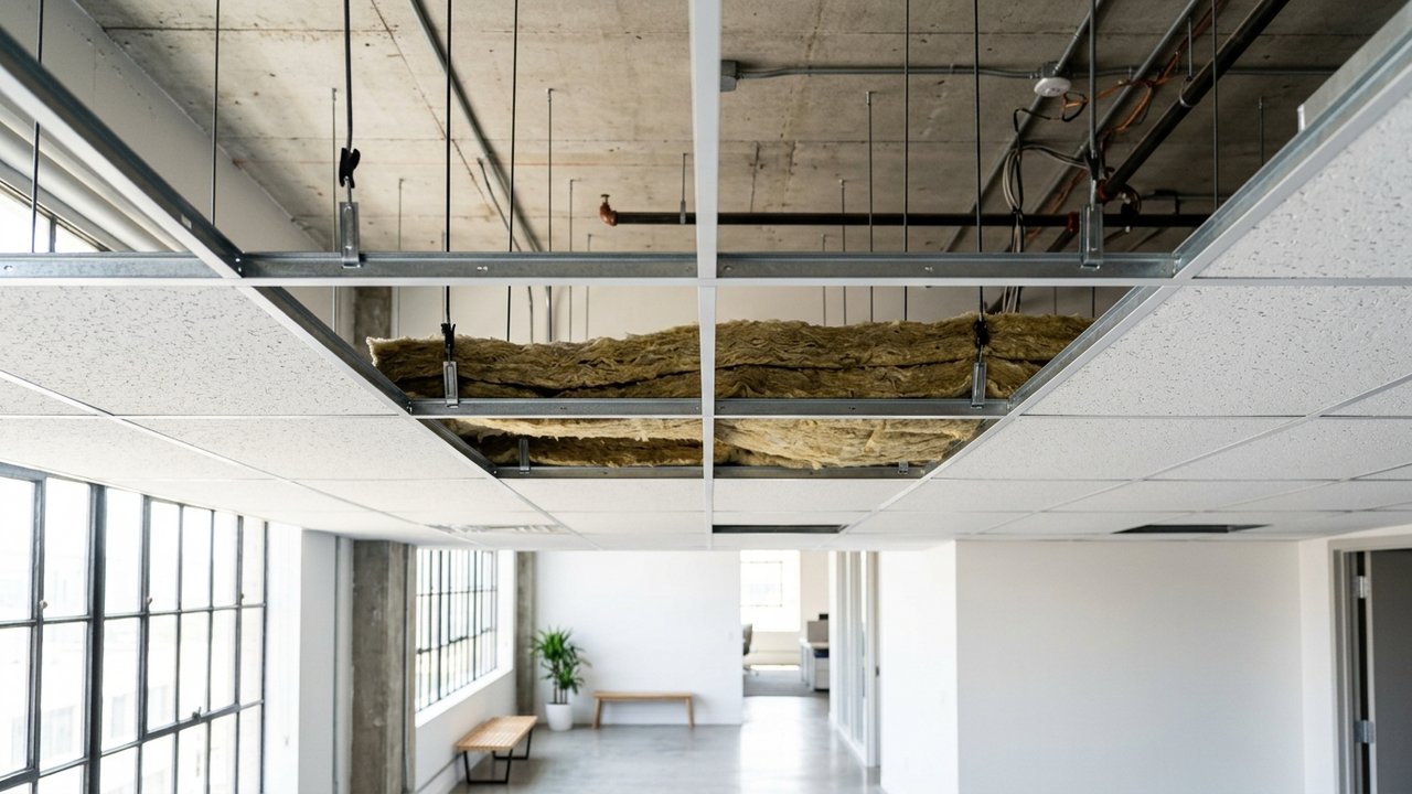 Plafond acoustique suspendu montrant l'ossature métallique et l'isolant