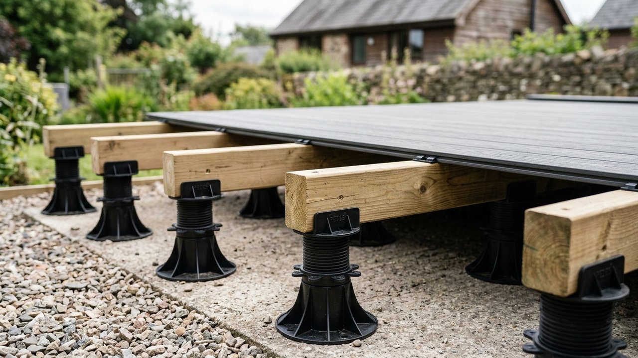 Plots réglables polymères pour installation de terrasse composite sur terrain inégal