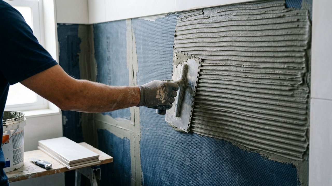 Application de colle à carrelage sur un mur de douche avec une spatule crantée