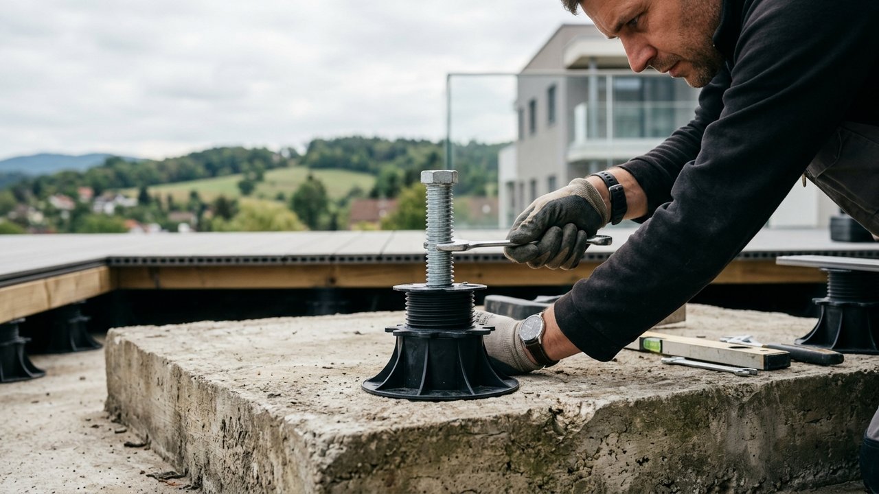 Ajustement d'un plot réglable pour la pose d'une terrasse sur dalle béton