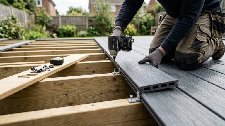 Installation de lames de terrasse composite sur lambourdes avec clips de fixation