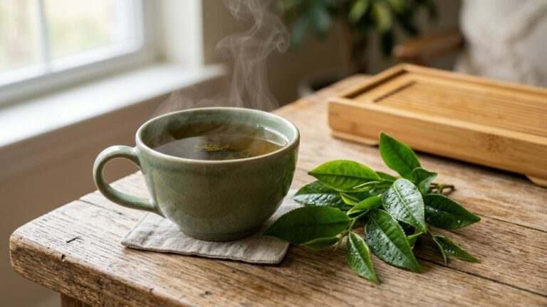 Tasse de thé vert chaud avec ses bienfaits pour la santé