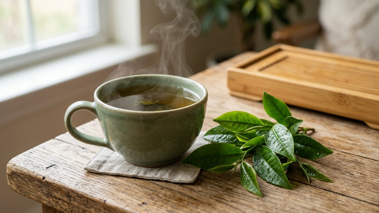Tasse de thé vert chaud avec ses bienfaits pour la santé