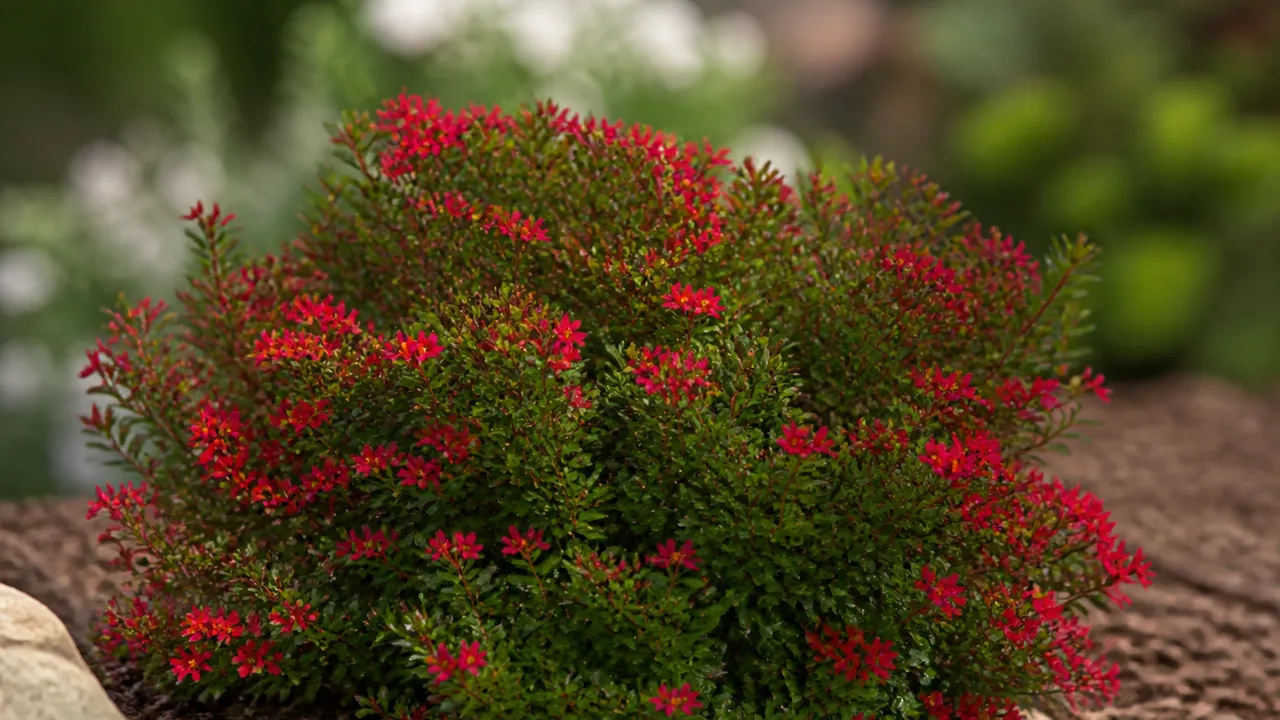 Arbuste à petites fleurs rouges dans un jardin
