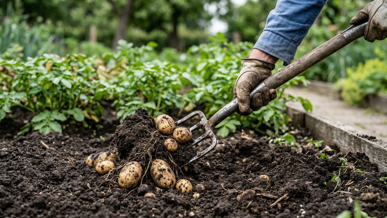 Arrachage de pommes de terre à la fourche-bêche dans un jardin