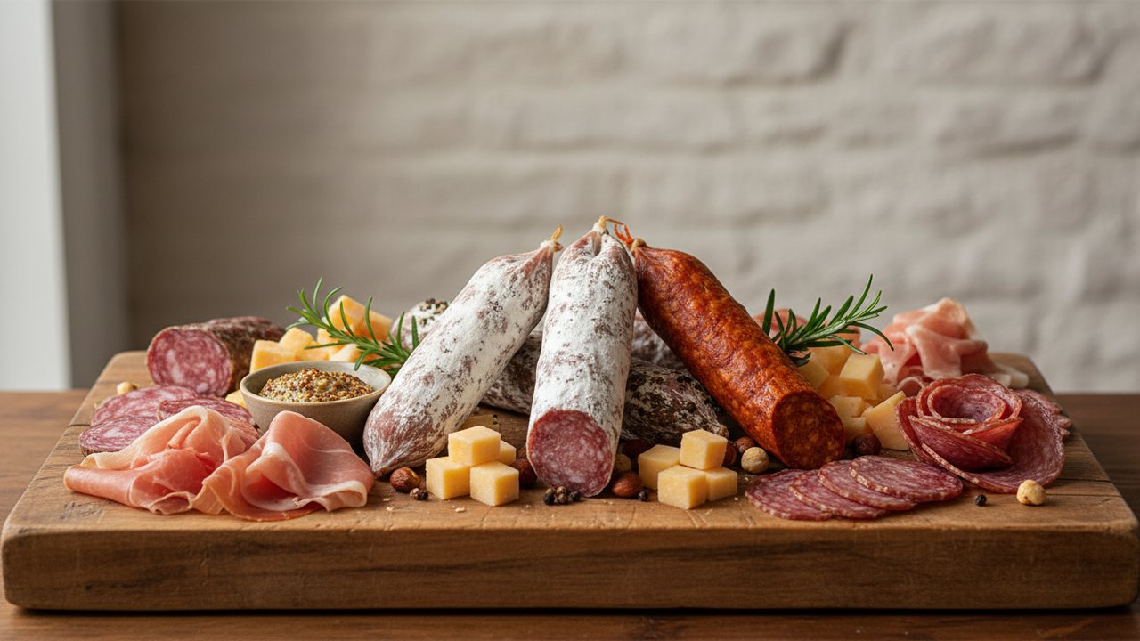 Assortiment de saucissons artisanaux français et produits de charcuterie