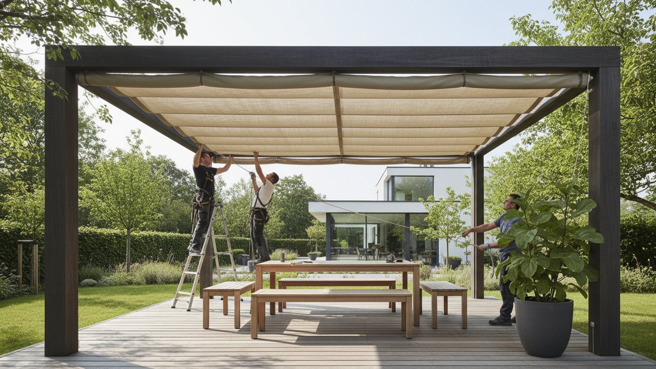 Installation d'une bâche pergola sur mesure sur une structure de terrasse