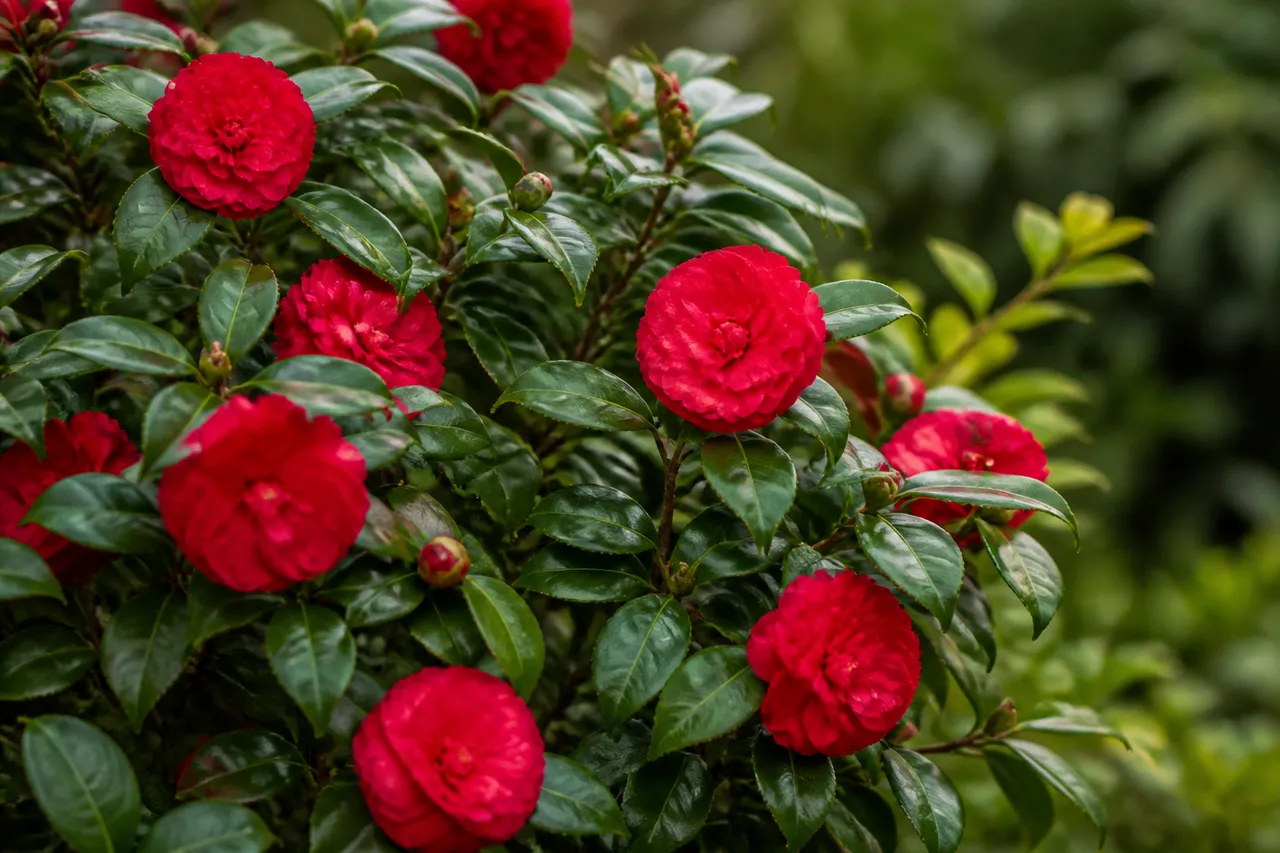 Camélia persistant à fleurs rouges et feuillage lustré