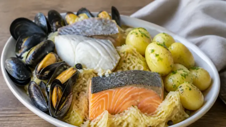 Choucroute de la mer avec saumon, cabillaud et moules