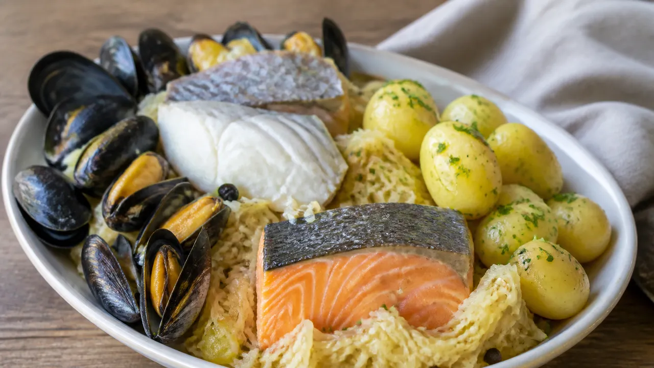 Choucroute de la mer avec saumon, cabillaud et moules