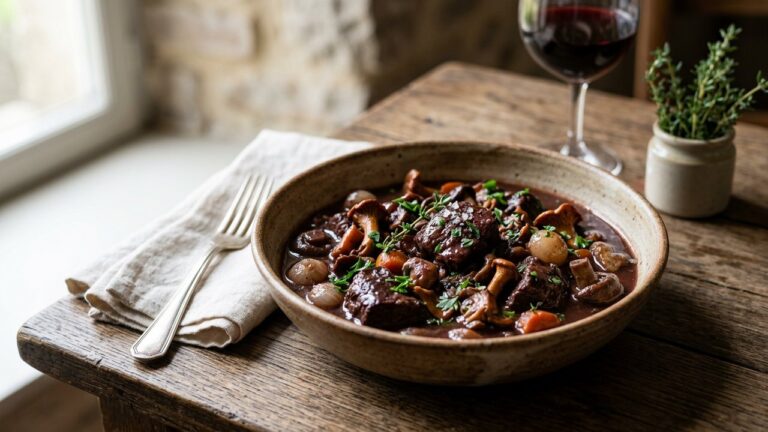 Civet de chevreuil mijoté en cocotte avec sauce au vin rouge